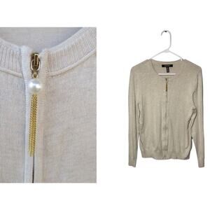Ellen Tracy Womens Sweater Zip Up Pearl Size Large Tan Cream Quite Luxury Staple
